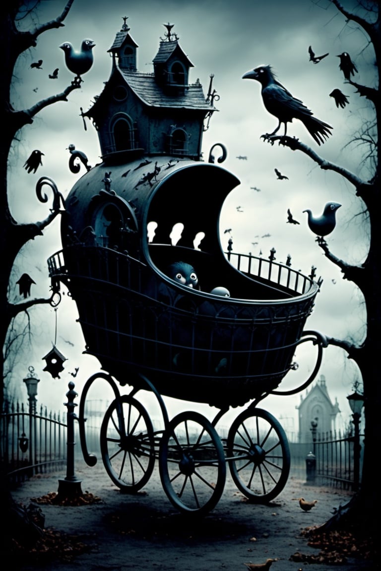 a baby carriage with a crow on the roof and many crows around a creepy park, dark theme by tim burton

