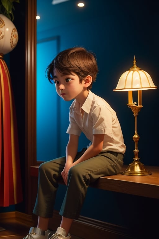 1 boy is sitting under interrogation, a lamp is shining on him, the rest of the background is in shadow, confused, scared, taken by surprise, black short hair, red eyes, looks away, does not look at the camera, lies,