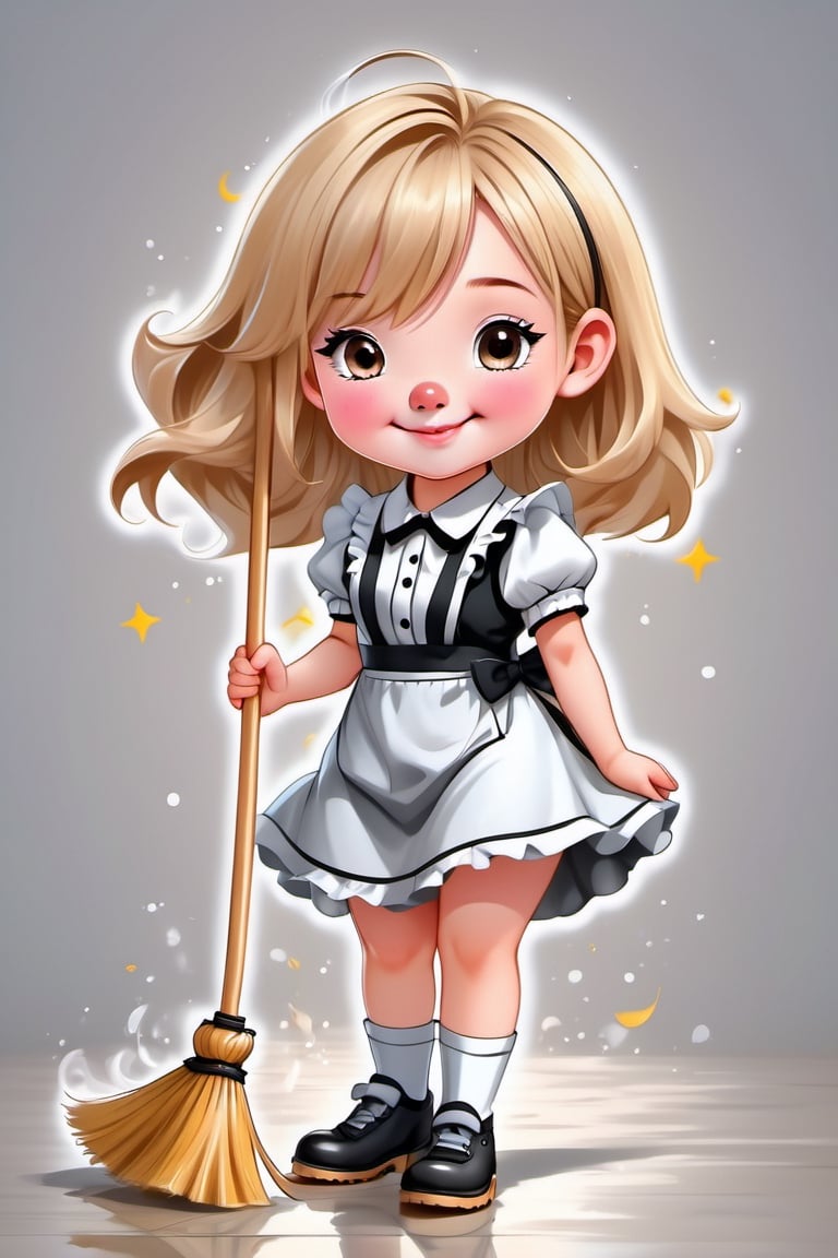 Cute girl with pig ears and nose, maid outfit, blond hair, happily sweeping the floor with a broom, gray background, big head style