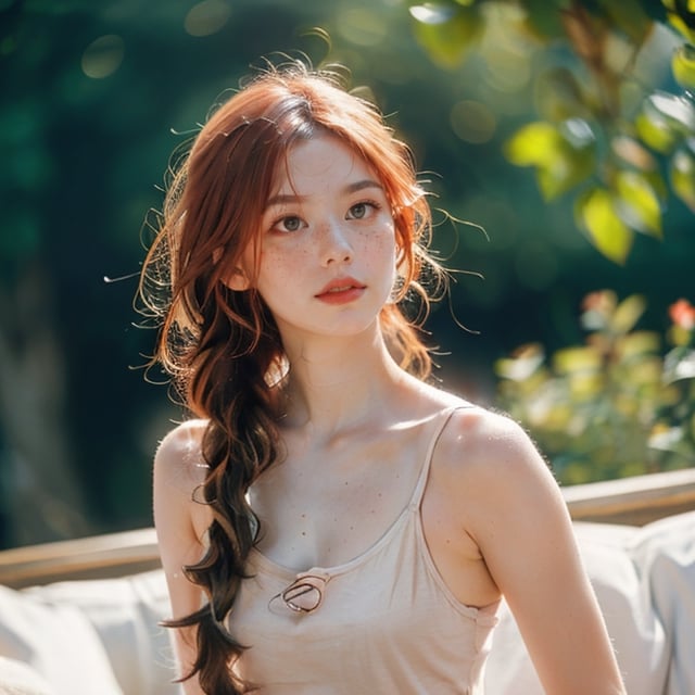 film grain and (medium full shot:1.2) and 8K HD RAW photo  completely nude with no clothes on and looking contemptuously at the audience,  single braid,  red hair, volumetrics dtx, (film grain, blurry background, depth of field, motion blur),SAM YANG, freckles, slim body,tank top,dream_girl