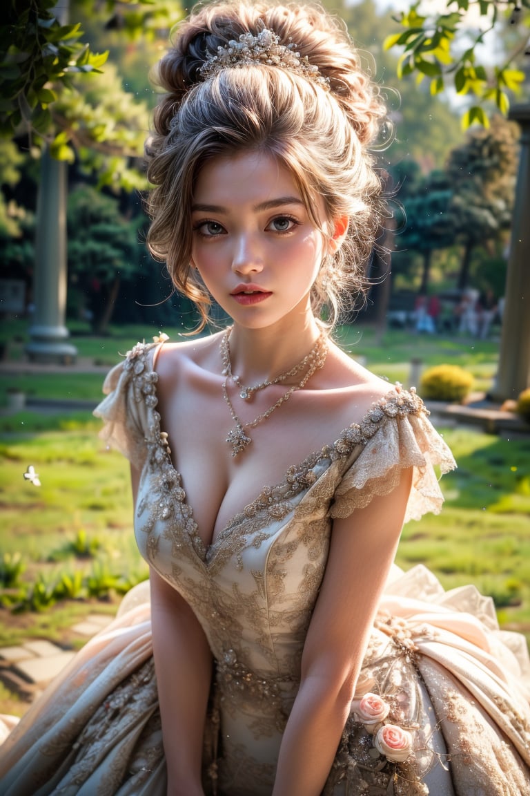 Perfect Composition, Realistic Portrait, Detailed Background, 8K, High Quality, Full Body Image, Extremely Realistic Portrait, Masterpiece, High Detail, Full Body Display, Full Display, 8K Wallpaper, Fine Detail, In the Park, Seductive Human Body Poses, Various Model Photo Poses, Delicate Skin, Charming Beauty, Supermodel Body, High Ponytail Hairstyle, Seductive Style Wedding Dress (Sexy, Transparent Material, Lace Tulle, Body Loding, Revealing Breasts), Necklace (SM Style), Taiwanese Beauty, Goddess Face, Rich Expressions, A variety of photo poses, sexy look around