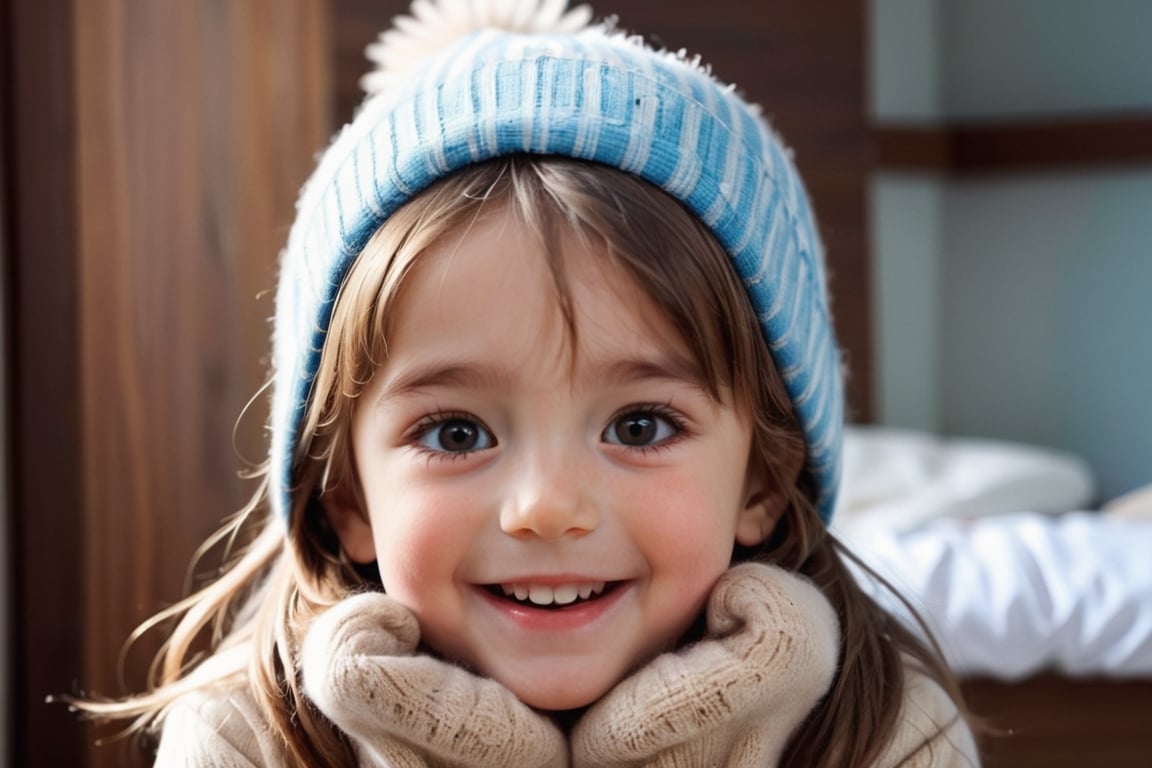 a cute kid, morning, lightbrown_hair, winter,happy_face, 