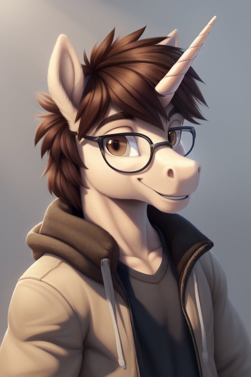 An anthropomorphic beige unicorn pony with scruffy brown hair and glasses wearing a jacket and smiling smugly,furry