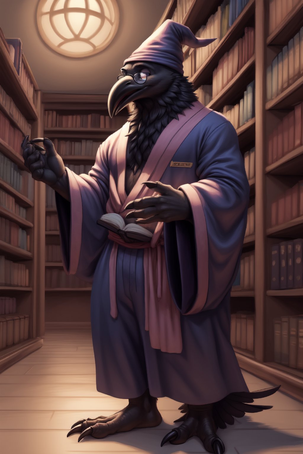 An anthropomorphic raven with black feathers and a black beak wearing dorky glasses and wearing a wizard robe standing in a library