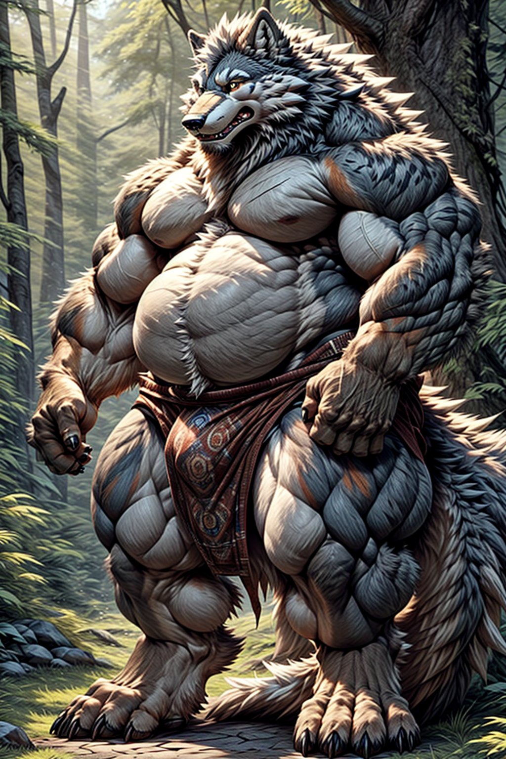 An obese anthropomorphic wolf with orange fur, a HUGE belly, thick legs, a chubby face, and muscular limbs, and a nearly spherical body, dressed in a loin cloth and carrying a huge wooden club over his shoulder and standing in a forest.