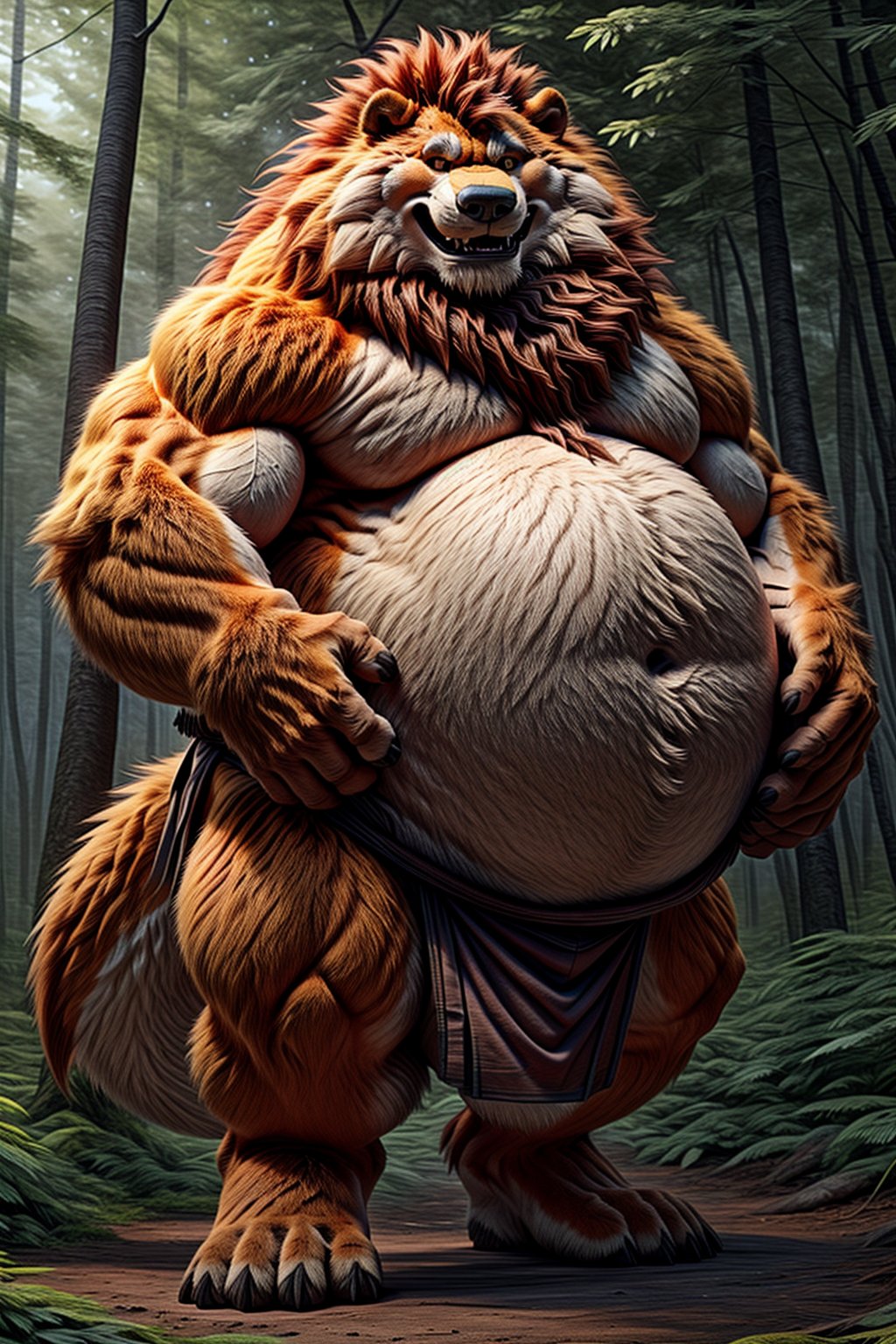 An obese anthropomorphic wolf with orange fur, a HUGE belly, thick arms and legs, a chubby face, and a fat, nearly spherical body, dressed in a loin cloth and carrying a huge wooden club over his shoulder and standing in a forest.