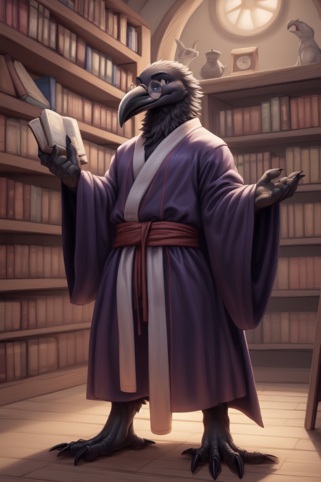 An anthropomorphic raven with black feathers and a black beak wearing dorky glasses and wearing a wizard robe standing in a library