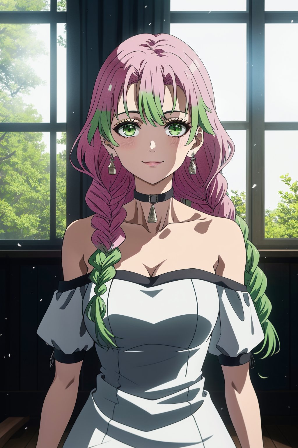 1girl, solo, long hair, breasts, looking at viewer, smile, bangs, dress, cleavage, bare shoulders, jewelry, medium breasts, sitting, closed mouth, green eyes, collarbone, pink hair, braid, short sleeves, multicolored hair, earrings, green hair, alternate costume, choker, puffy sleeves, indoors, off shoulder, twitter username, white dress, mole, two-tone hair, mole under eye, window, strapless, gradient hair, off-shoulder dress, white choker, kanroji mitsuri,Anime_journey_style