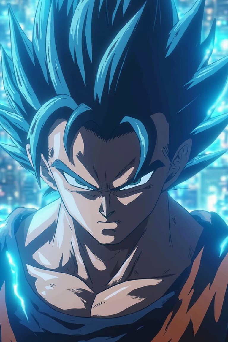 a cinematic close-up of Vegito from *Dragon Ball*, focusing on his striking blue spiked hair. The image should capture the intensity of his expression, with the vibrant blue of his Super Saiyan Blue hair standing out sharply. The background should be slightly blurred to emphasize the detailed textures of his hair and his fierce gaze. Lighting should be dramatic, highlighting the contours of his face and the glowing energy around him, giving the photo a high-impact, cinematic quality,Niji journey