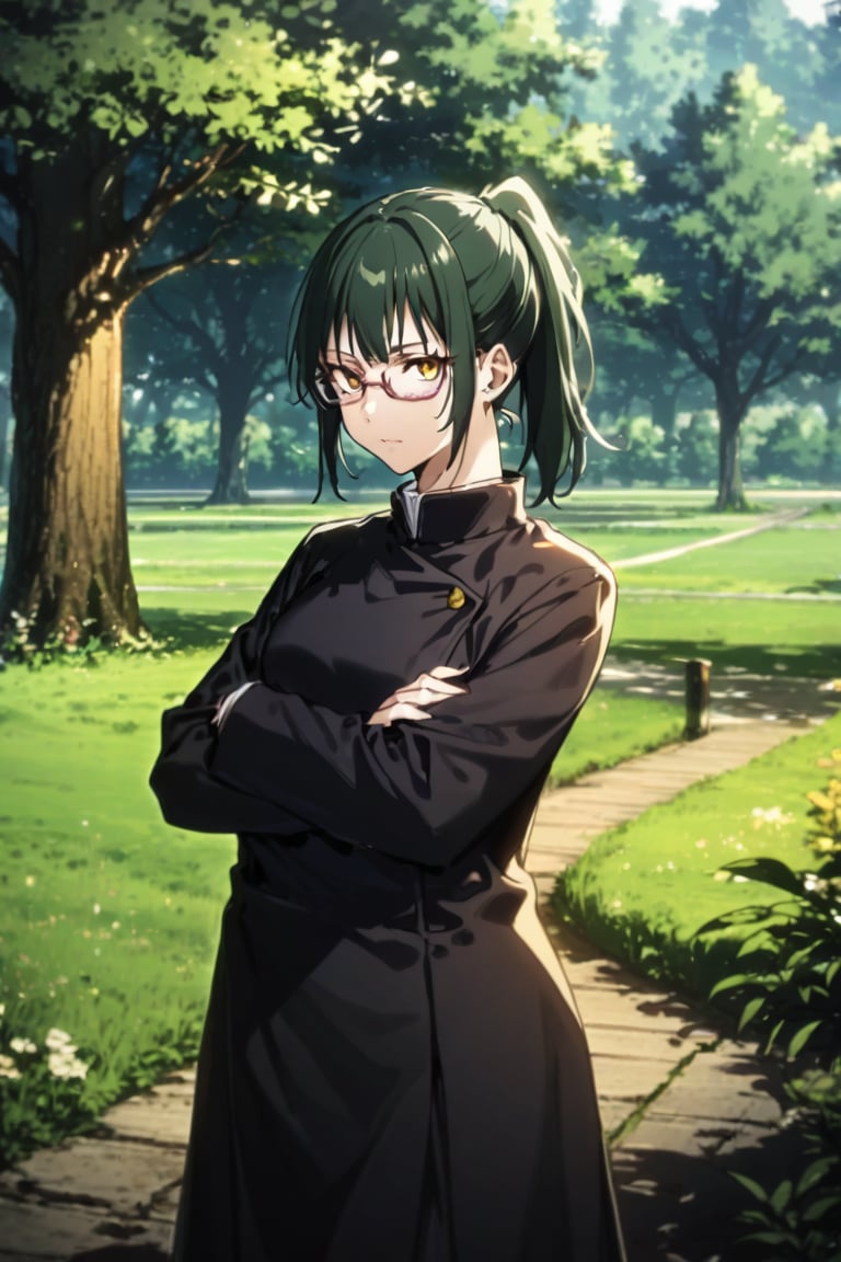 1girl, solo, long hair, looking at viewer, bangs, black hair, long sleeves, school uniform, jacket, yellow eyes, ponytail, outdoors, green hair, glasses, tree, crossed arms,MakizeninSDXL,AoT_OP_STYLE