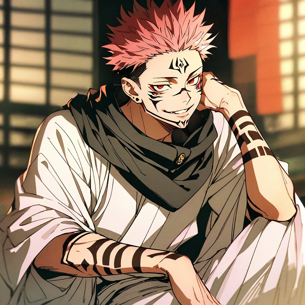 solo, looking at viewer, smile, short hair, red eyes, 1boy, sitting, pink hair, male focus, japanese clothes, kimono, scarf, tattoo, spiked hair, black nails, head rest, smirk, white kimono, arm tattoo, undercut, facial tattoo, extra eyes, ryoumen sukuna \(jujutsu kaisen\)