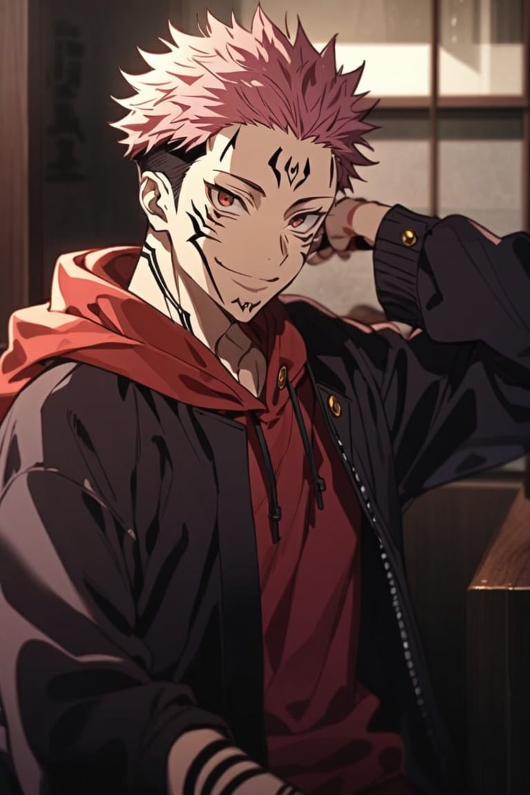 solo, looking at viewer, smile, short hair, black hair, red eyes, long sleeves, 1boy, brown eyes, closed mouth, school uniform, jacket, upper body, pink hair, male focus, indoors, hand up, hood, nail polish, black jacket, hoodie, tattoo, facial mark, spiked hair, purple nails, gakuran, undercut, facial tattoo, red hoodie, itadori yuuji, ryoumen sukuna \(jujutsu kaisen\),AoT_OP_STYLE