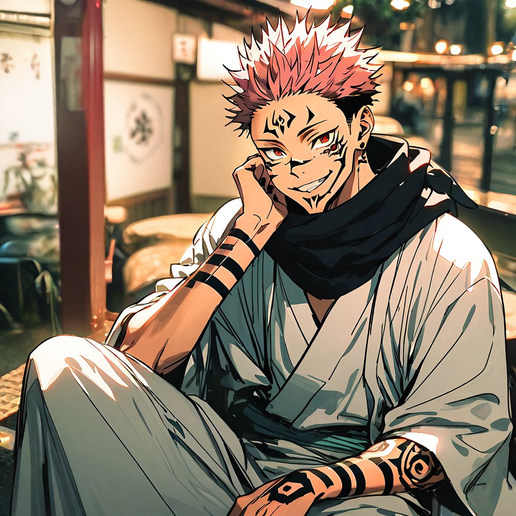 solo, looking at viewer, smile, short hair, red eyes, 1boy, sitting, pink hair, male focus, japanese clothes, kimono, scarf, tattoo, spiked hair, black nails, head rest, smirk, white kimono, arm tattoo, undercut, facial tattoo, extra eyes, ryoumen sukuna \(jujutsu kaisen\), photo background