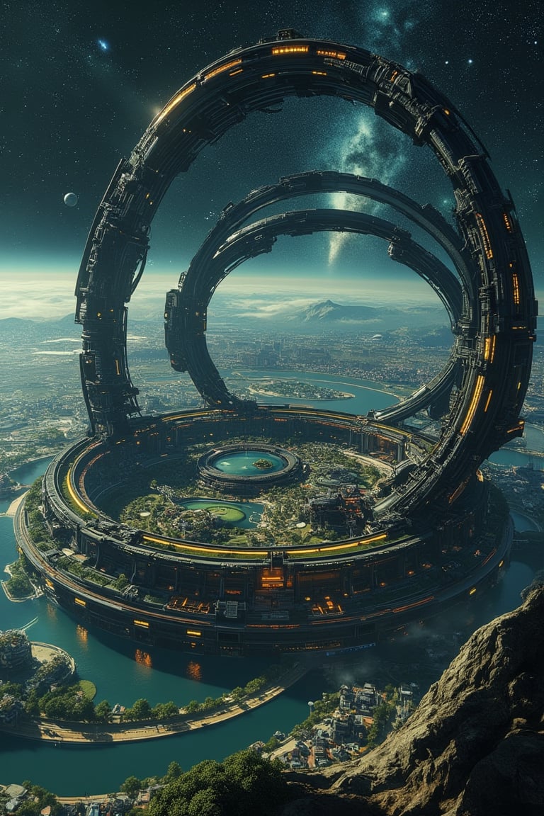 A breathtaking view of a futuristic space colony, designed as a massive cylindrical structure floating in the cosmos. The interior of the cylinder reveals a meticulously planned cityscape with lush green areas, shimmering lakes, and agricultural zones. The curved walls create an illusion of a complete world wrapping around itself. Multiple levels of infrastructure and habitation are visible, showcasing advanced urban planning. The exterior of the cylinder reflects the starry expanse of space, with nearby planets visible in the background. The image is captured with a wide-angle lens, emphasizing the scale and grandeur of the structure, with high dynamic range to balance the bright interior with the dark vacuum of space.,noc-fantasy,noc-futuristic,Midjourneyart 