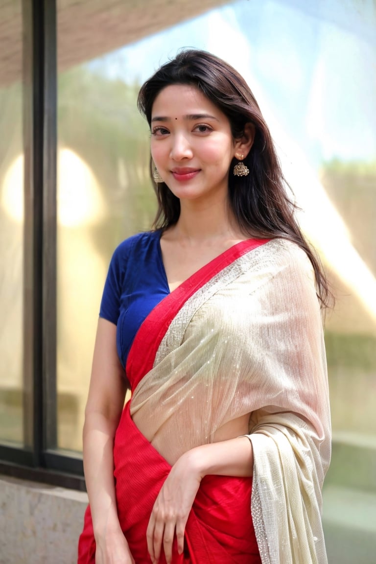 A 30 years old girl ,raw photo, realistic, thick waist, slim body, small smile, long straight brown hair,with beautiful earnings, movie scene, cinematic, high-quality, ultra-detailed, professionally color graded, professional photography. ( soft light:1.2), (volumetric:1.1), well-lit, double exposure, award-winning photograph , blouse ,Indian,Saree,tamannah bhatia,Soojin,1 girl, open clevege 