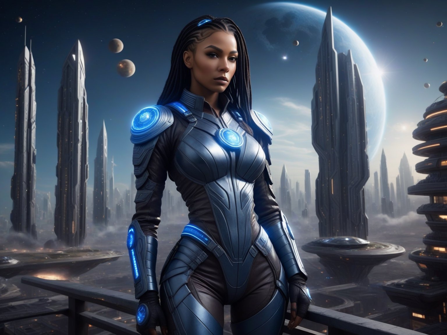 Mirona Thetin, black braided hair, velvety brown skin, proud, imperator pose in blue-silver combat suit, emblem with 2 galaxies on breast, futuristic city, photo realistic,scifiurban