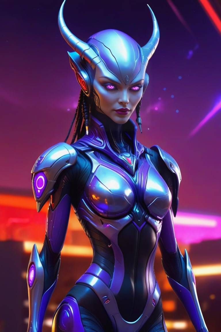 humanoid female alien,(there is a devil-like tail) futuristic artificial intelligence superstar artwork with a frame made of detailed circuitry. miracle studio concept art. arts station headquarters. creative character purple silver/glass design for cyberpunk, glowing red eyes, intricate, graceful, 8k, highly detailed, digital painting, concept art, smooth, sharp focus, league of legends concept art