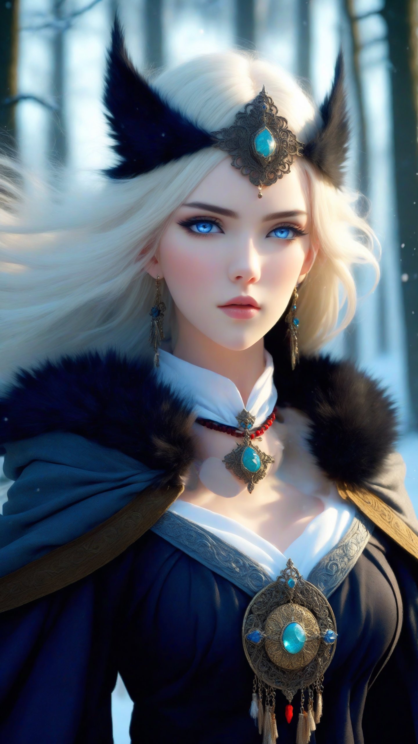 A fierce female warrior fighting in a snowy forest, in Medieval cloak, fur trimmed cloak, long hair, looking at viewer, blue eyes, simple background, (hair ornament), gem, tassel, hair between eyes, jewelry, upper body, earrings, lips, fur trim, eyelashes, portrait, beads, emo, (sharp eyes:1.4), (rebellious:1.4), (fierce:1.4), (standing: 1.2), silver-white hair, Gothic make-up, tough, wild. Kyoto Animation stylized anime, cinematic Lighting, ethereal light, intricate details, extremely detailed, incredible details, full colored, complex details, insanely detailed and intricate, hyper maximalist, gorgeous light and shadow, detailed decoration, detailed lines. Masterpiece, best quality, aerial view, HDR, UHD, unreal engine. looking at the camera, dark Fantasy background, representative, fair skin, beautiful face,A beautiful girl, blonde hair, dynamic character, detailed exquisite face, bold high quality, high contrast,art_booster,DonMS4kur4XL,DonMW15pXL