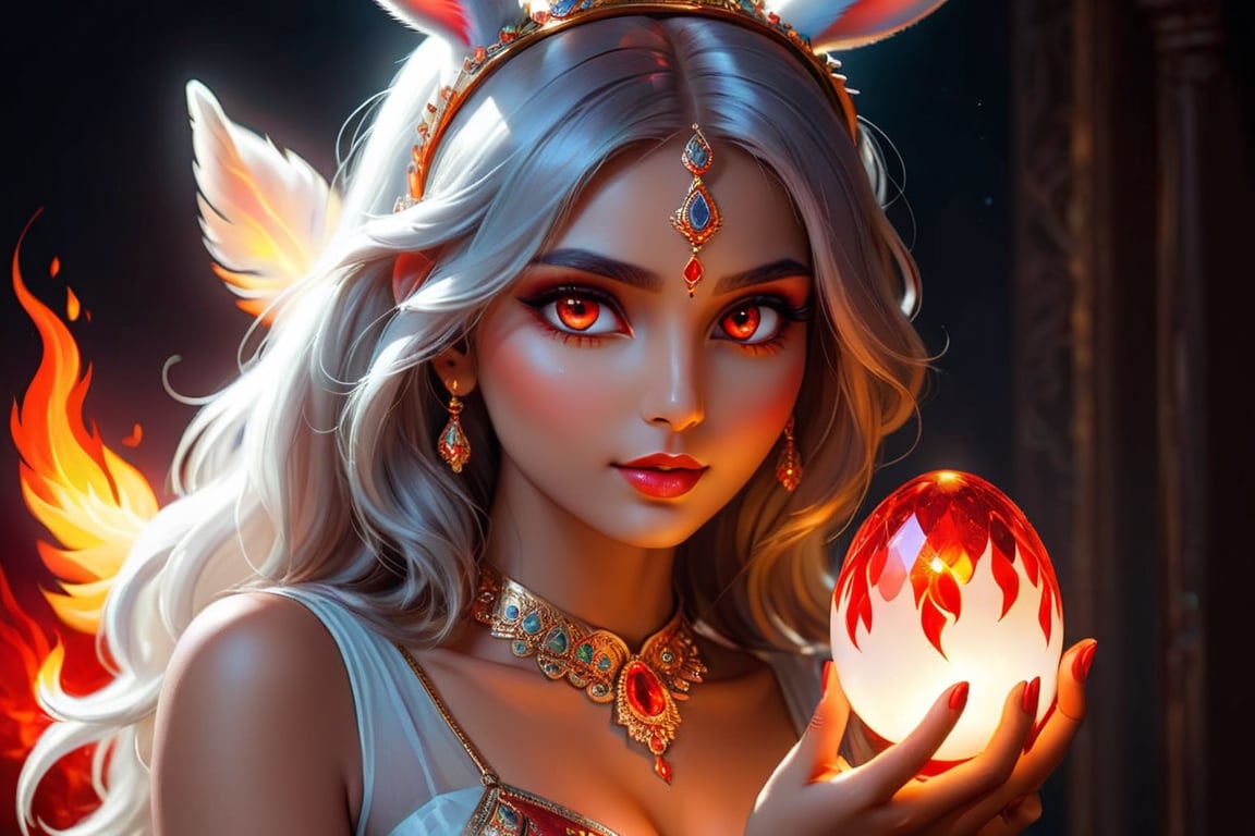 beautiful girl bunny, with a halo on her head, firey flaming red eyes, with a glowing bright crystal glass egg in her  hands,Indian Model