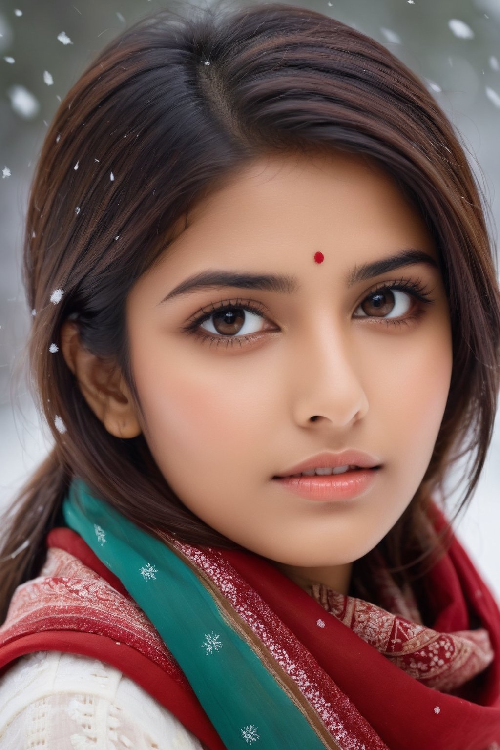 a young woman, cute, 21 years old,indian girl, staring into space, brown hair, brown eyes, red scarf, snowing, realistic, realistic skin texture,Indian Model