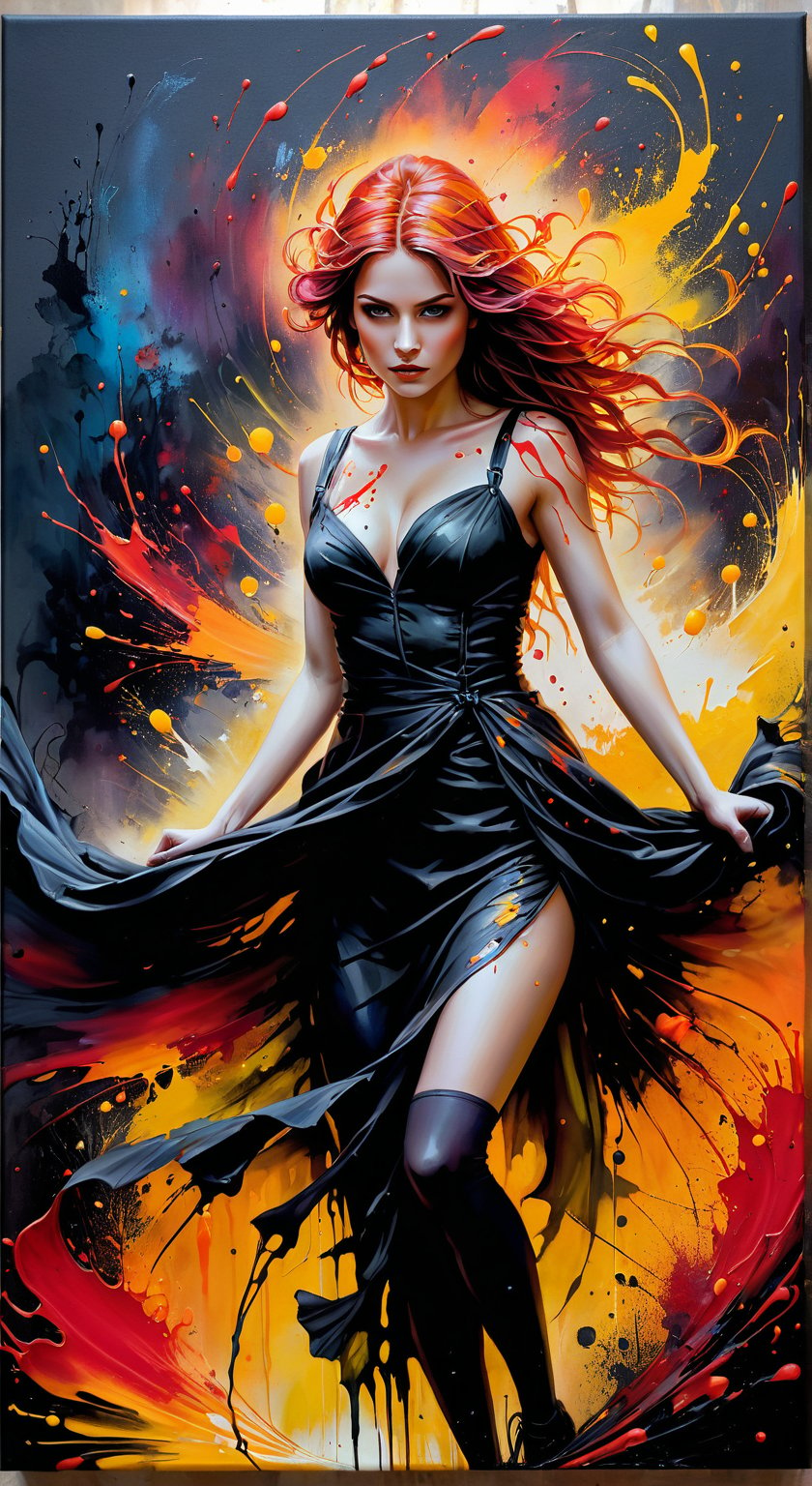 A dark fantasy portrait, dominated by warm hues of orange, yellow, and red. The artwork features splatters and blends of these vibrant colors, creating a sense of movement and energy. The entire canvas appears wet, with the colors merging and blending in various areas, forming a dynamic and fluid appearance. The overall atmosphere of the painting is mysterious and evocative, drawing the viewer into its hauntingly beautiful world., dark fantasy