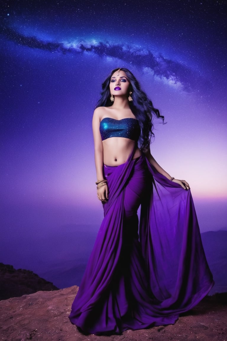 sky, cloud, Indian female Model, 19 year old , blue eyes, green lipstick, face makeup, long purple hair, wavy hair, full body, wearing sexy saree with tube blouse, night, star \(sky\), night sky, scenery, starry sky, space, purple theme