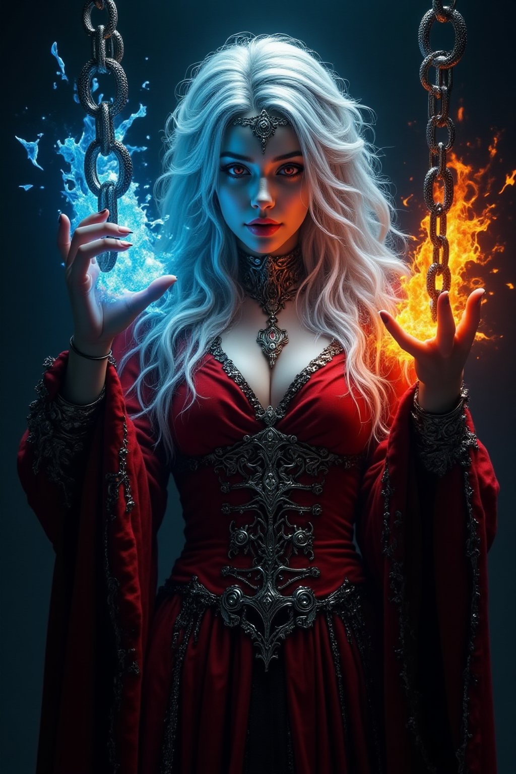 Midjourney style, Photorealism, Cinematic style, high fidelity, realism, chiaroscuro, play of shadow and light, rays of light.
photo of a vampire queen,left hand grasp a chain with ice effect,right hand grasp a chain with fire effect,she wearing a victoria period with red and light blue color,long white hair,red eyes,the chain **** from steel and it floating in the air,big chain,focus on chain,

