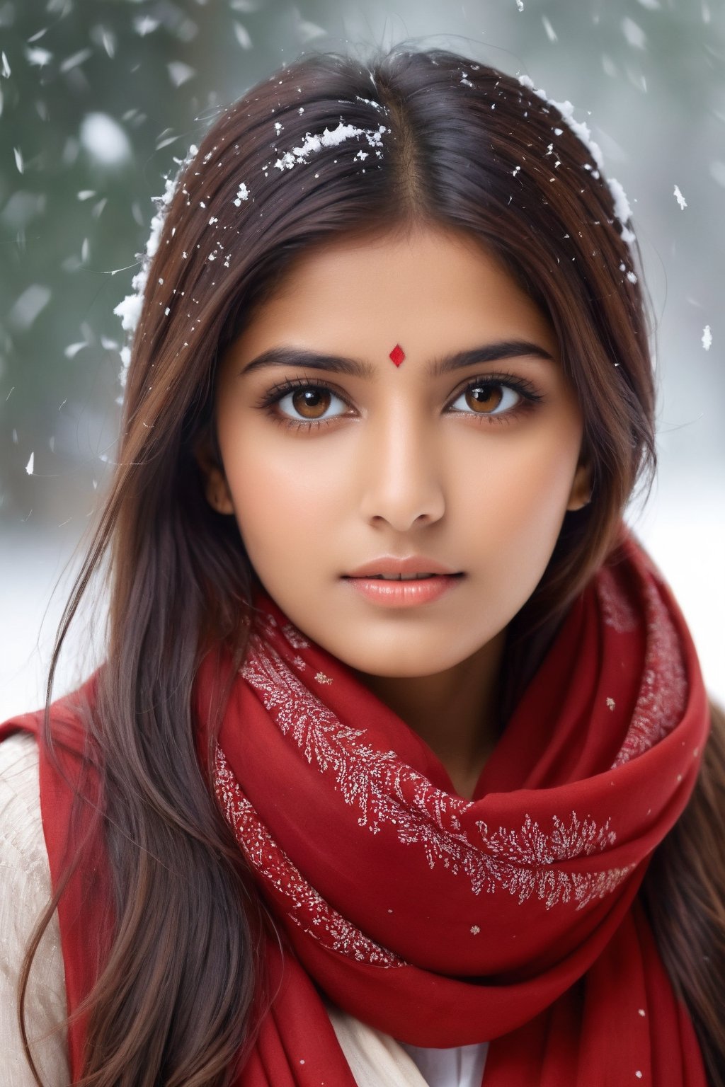 a young woman, cute, 21 years old,indian girl, staring into space, brown hair, brown eyes, red scarf, snowing, realistic, realistic skin texture,Indian Model