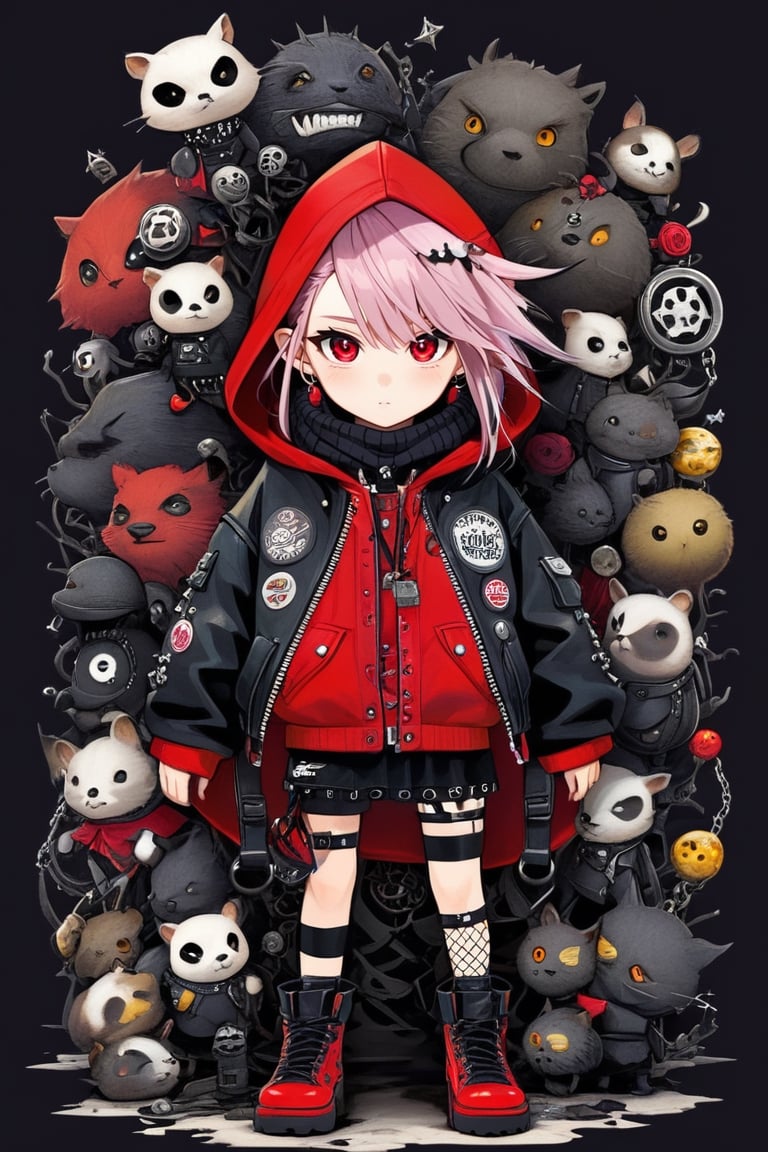 A punk rock version of Little Red Riding Hood, 14, dressed in a rebellious fusion of edgy fashions
(standing:1.2), red hooded cape with torn fishnet accents, adorned with punk-inspired patches and pins. Septum earrings, more calls, ratty dreads, more patches, crust-core, anti-union designs, dirty torn studded spike leather jackets, hardcore punk style jackets, lot punk badges, military boots laced up her legs,,Rebellin, Dal,Pink Emo,ct-niji2,BugCraft,dal