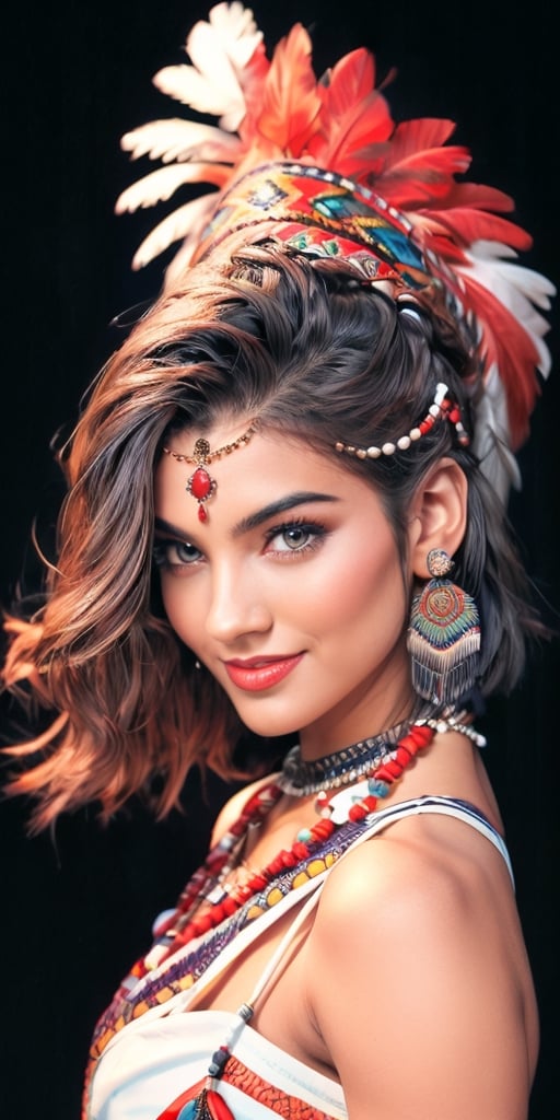 4k,best quality,masterpiece, beautiful Indian girl, 23 year old, (traditional Cherokee Indian costume, alluring smile, head ornaments 

(Beautiful and detailed eyes),
Detailed face, detailed eyes, double eyelids ,thin face, real hands, muscular fit body, semi visible abs, ((short hair with long locks:1.2)), black hair, black background,


real person, color splash style photo,
,Sexy Body,Princess,Cute Face