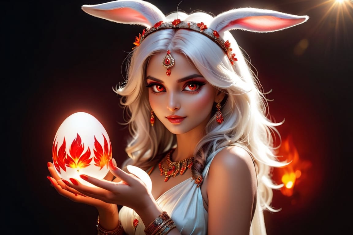 beautiful girl bunny, with a halo on her head, firey flaming red eyes, with a glowing bright crystal glass egg in her  hands,Indian Model