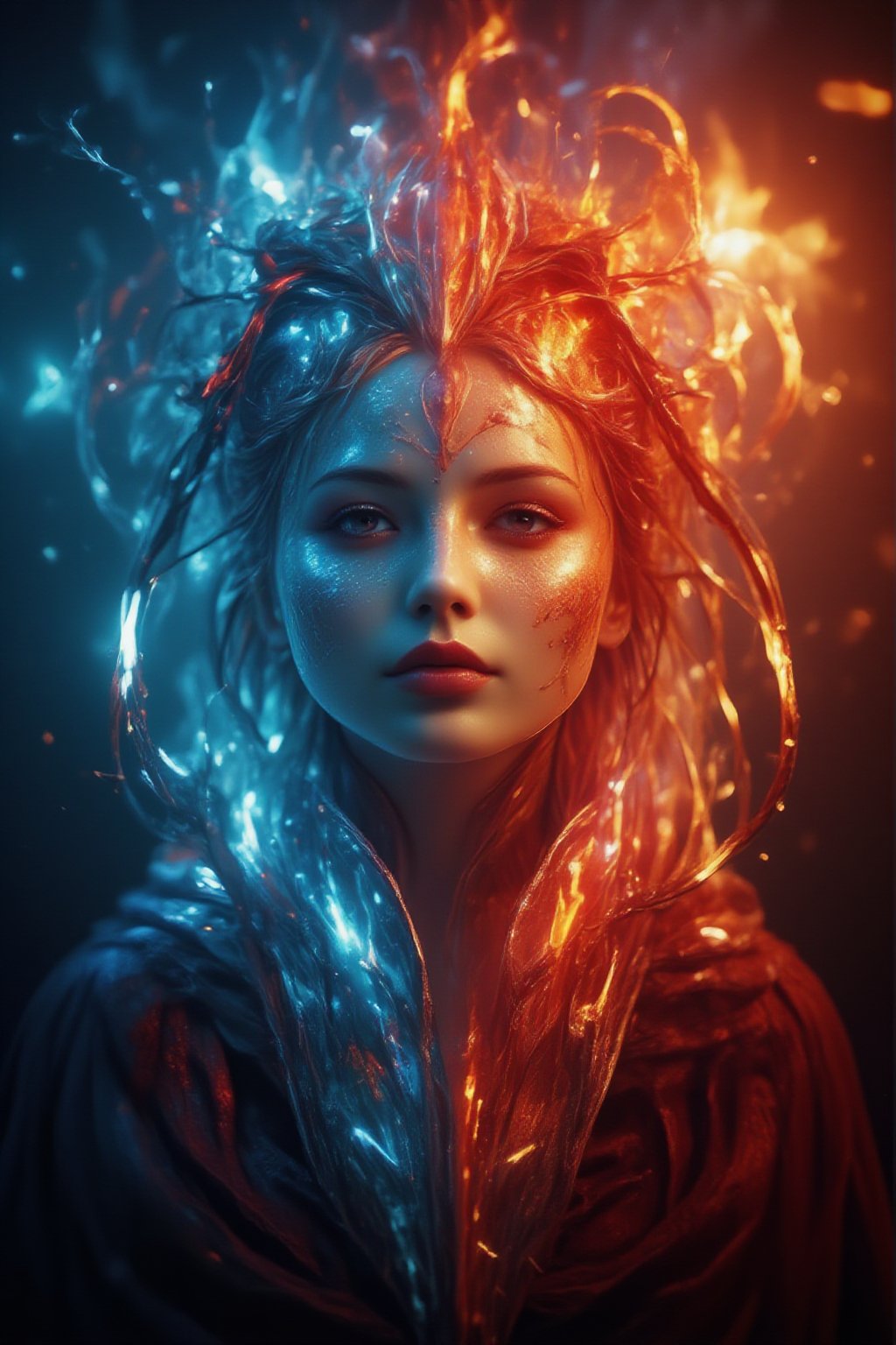 Midjourney style, Photorealism, Cinematic style, high fidelity, realism, chiaroscuro, play of shadow and light, rays of light.
photo of a vampire queen,left hand grasp a chain with ice effect,right hand grasp a chain with fire effect,she wearing a victoria period with red and light blue color,long white hair,red eyes,the chain **** from steel and it floating in the air,big chain,focus on chain,

