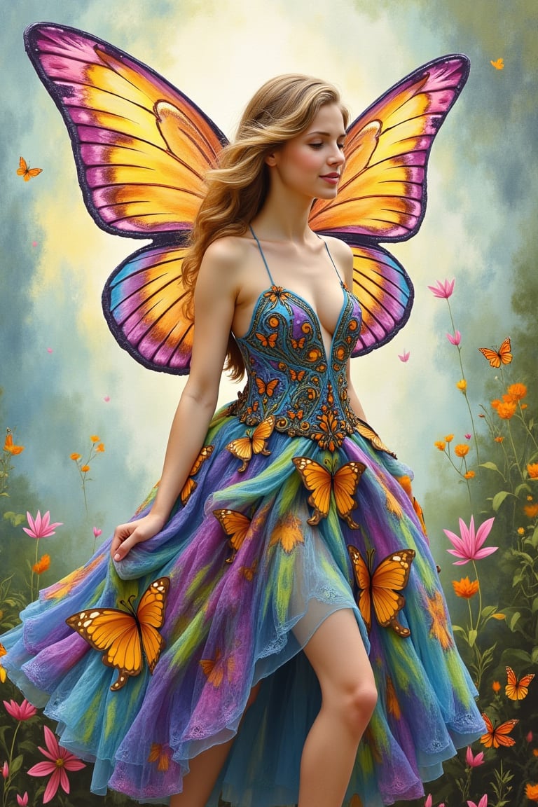 Acrylic painting of a fairy princess wearing a dress inspired by butterflies. Delicate, ethereal female figure with flowing hair and butterfly-like wings. Dress composed of vibrant butterfly patterns, colors, and textures. Painterly, textured style with visible brushstrokes and dripping paint effects. Soft, dreamy lighting illuminating the scene. Background has a hazy, atmospheric quality with hints of other fantastical elements. Splashes of color bleed and blend across the canvas. Intricate details in the fairy's features and ornate dress. Whimsical, imaginative, and visually striking.