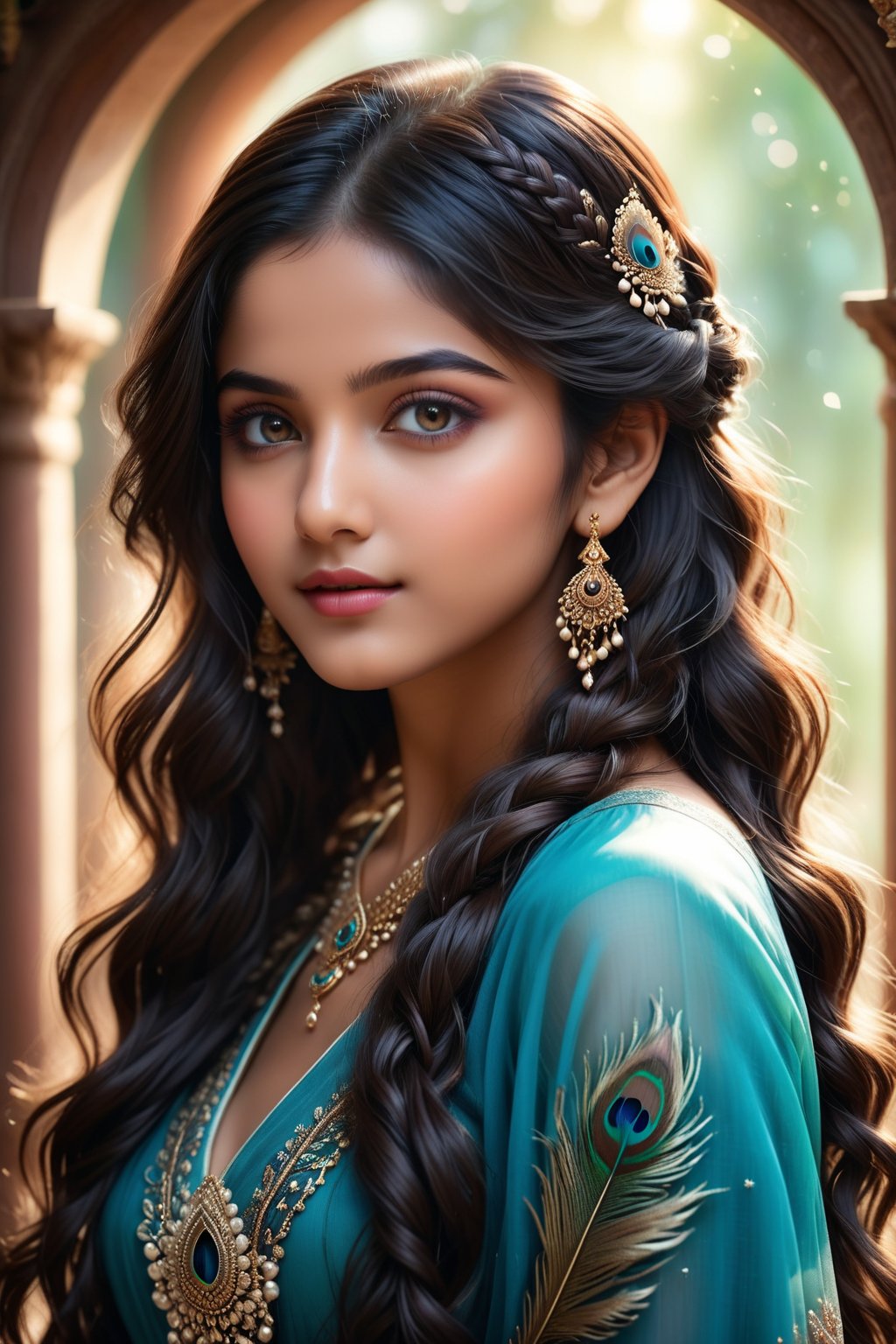 A breathtakingly beautiful 18-year-old girl named Anikha, who is the epitome of elegance and charm. She stands out as the central focus of this ultra-detailed, 8K resolution masterpiece with a perfect score of 9 and a UHD rating of 1.3. Her delicate facial features are captured with a stunning realism that's amplified by a majestic score of 1.5, making her appear as if she's stepped out of a high-definition dream. Her skin glows with a soft blush, perfectly accentuating her detailed, natural beauty. Her eyes, a rich brown, are filled with a blissful vibe, reflecting the cinematic lighting that surrounds her. They are so realistic and sharp that they seem to hold secrets of the universe within them. The exquisite twin braids of her long, shining hair are adorned with a hair ornament that adds an extra touch of elegance to her already flawless look. The background, a canvas of blurred perfection with a score of 1.7 for background blur, showcases an intricate peacock feather design that complements the overall aesthetic without overwhelming the main subject.