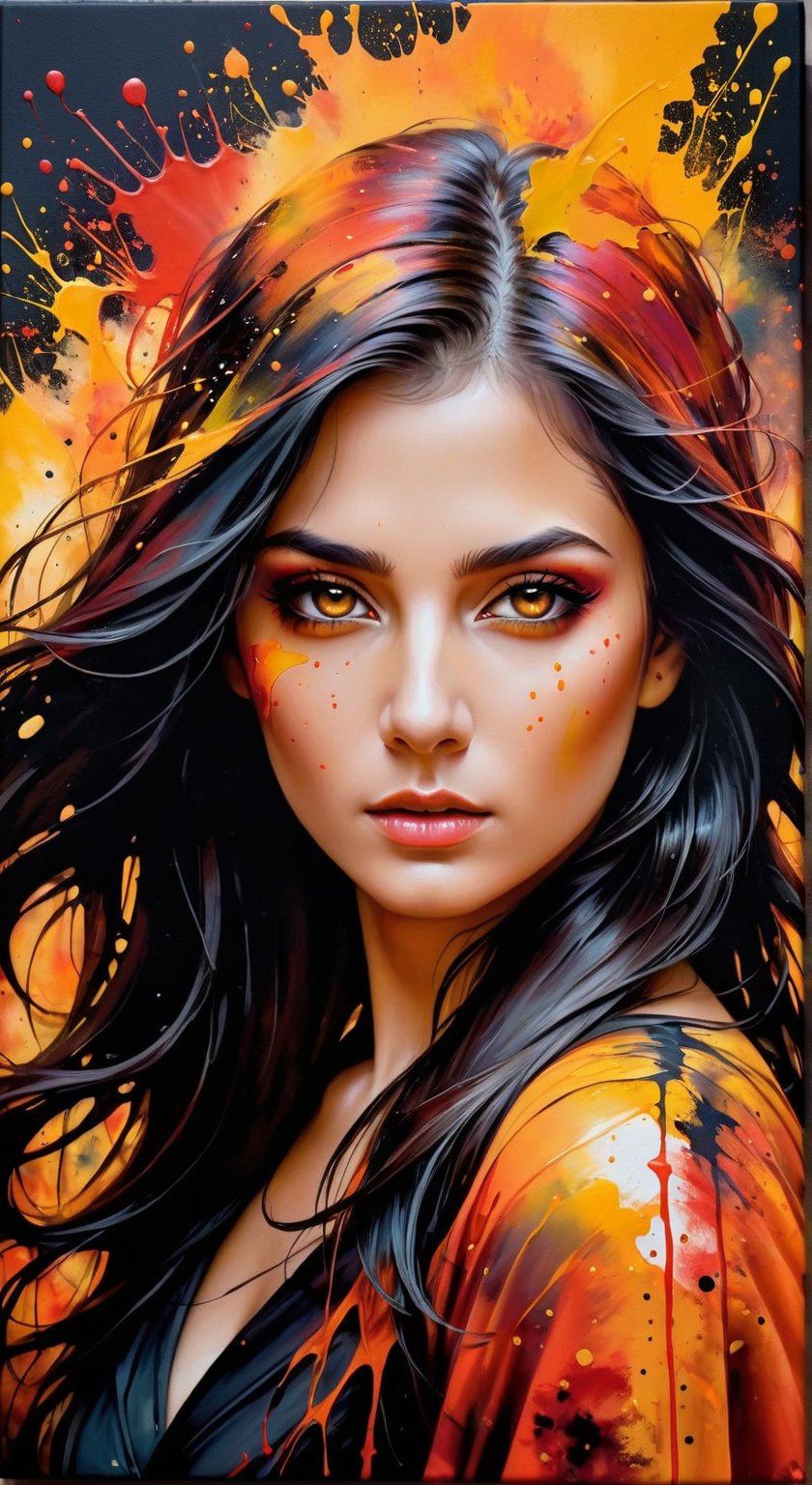 A dark fantasy portrait, dominated by warm hues of orange, yellow, and red. The artwork features splatters and blends of these vibrant colors, creating a sense of movement and energy. The entire canvas appears wet, with the colors merging and blending in various areas, forming a dynamic and fluid appearance. The overall atmosphere of the painting is mysterious and evocative, drawing the viewer into its hauntingly beautiful world., dark fantasy