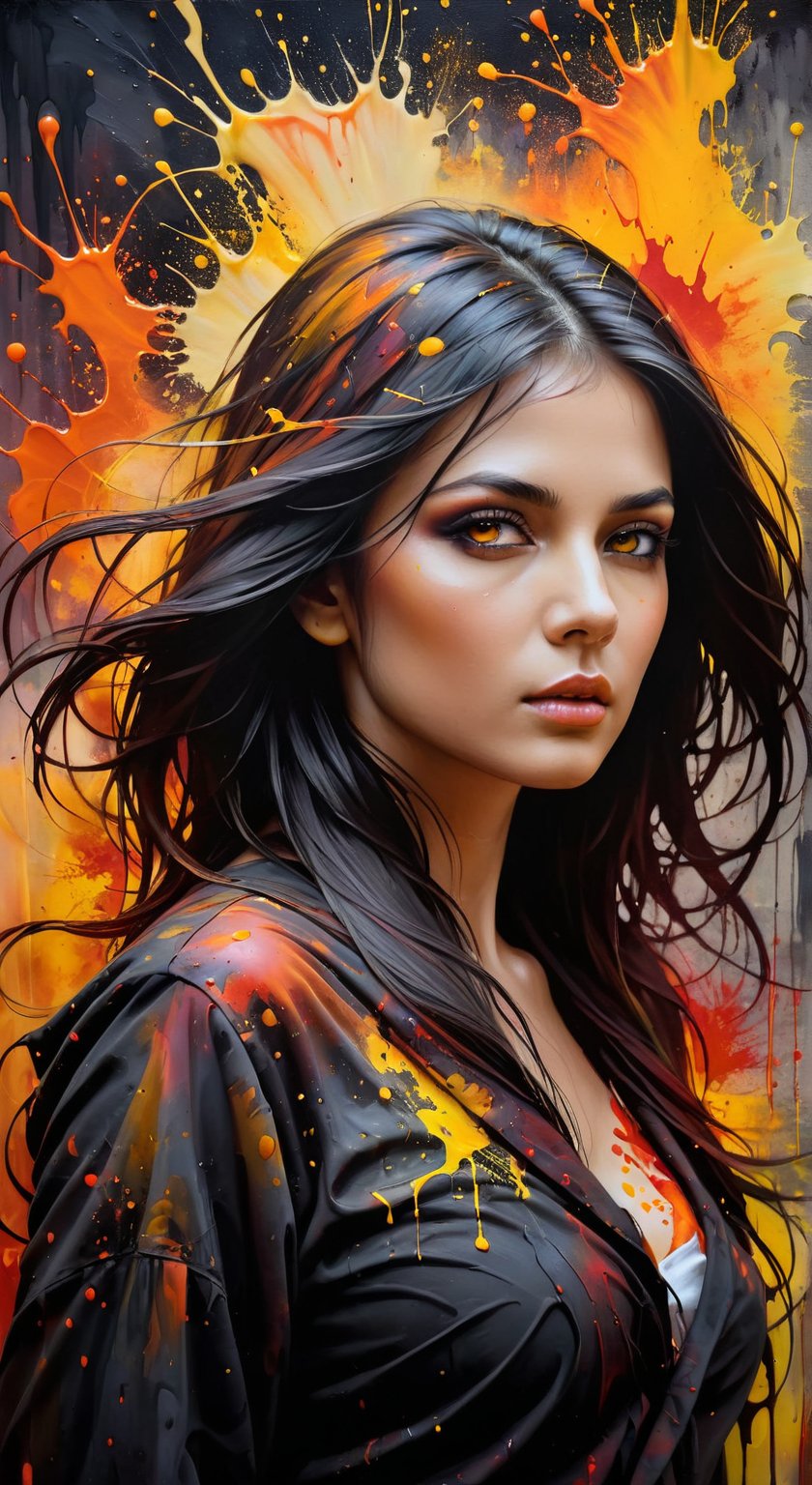 A dark fantasy portrait, dominated by warm hues of orange, yellow, and red. The artwork features splatters and blends of these vibrant colors, creating a sense of movement and energy. The entire canvas appears wet, with the colors merging and blending in various areas, forming a dynamic and fluid appearance. The overall atmosphere of the painting is mysterious and evocative, drawing the viewer into its hauntingly beautiful world., dark fantasy