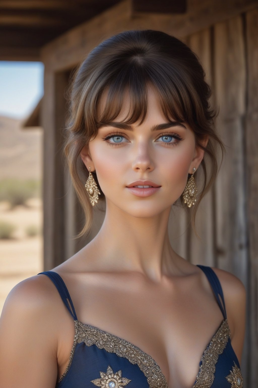 Generate hyper realistic image of a sun-kissed cowboy shot of a mesmerizing woman with short, bangs-framed hair, her deep blue eyes twinkling with a hint of mischief. Clad in a sleeveless dress that hugs her curves, she exudes an irresistible charm with bare shoulders and delicate jewelry adorning her form. Standing with arms at her sides against a rustic backdrop, her seductive presence is undeniable, drawing the viewer into a world of enchantment.,Indian