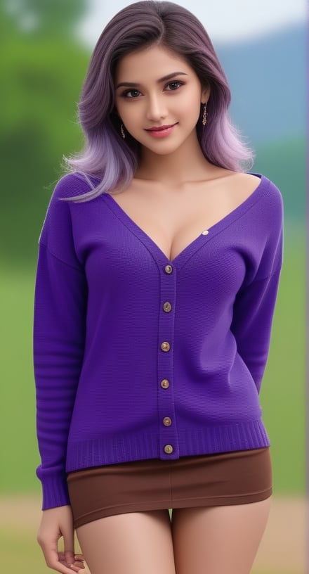 Outdoor park, rainy day, 20 years old Indian girl, 1 girl, beautiful indian girl, happy smile, big breasts, ( Sexy Sweater half covers breasts:1.4), ((unbutton, undress, cardigan short sweater, mini skirt)), solo, {beautiful and detailed eyes}, dark eyes, purple lips, happy sexy face, delicate facial features, ((model pose)), attractive body shape, cleavage, (light purple hair: 1.4), very long hair, curly hair, hair_past_waist, bangs, simple small necklace, simple small earrings, fine lines, real hands, masterpiece, most Best quality, 16k, realistic, ultra-detailed, fine, high resolution, perfect dynamic composition, beautiful and detailed eyes, smile at the corner of the eye, ((Sexy and embarrassing)), sharp focus, full-length portrait, cowboy shooting,
,Indian,,<lora:659095807385103906:1.0>