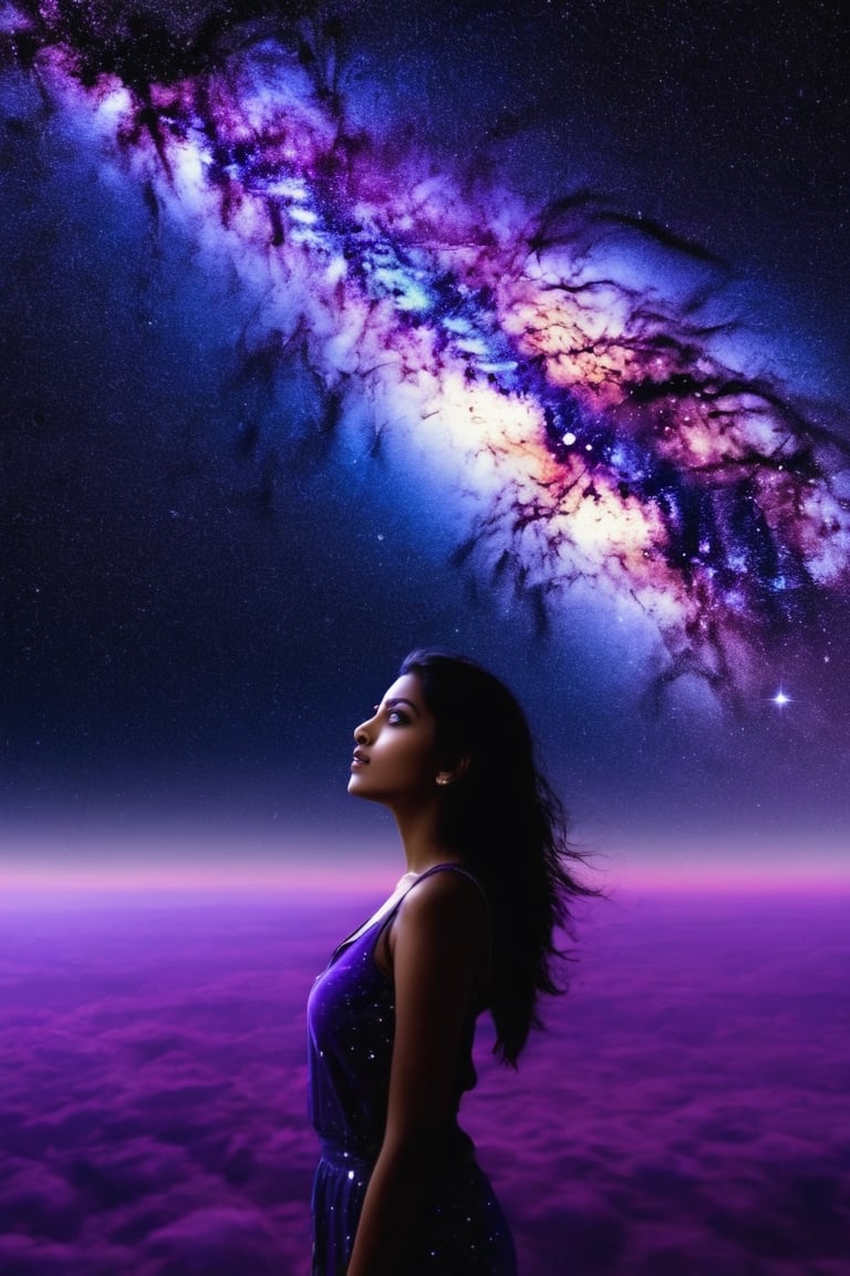 sky, cloud, Indian female Model, 19 year old , night, star \(sky\), night sky, scenery, starry sky, space, purple theme