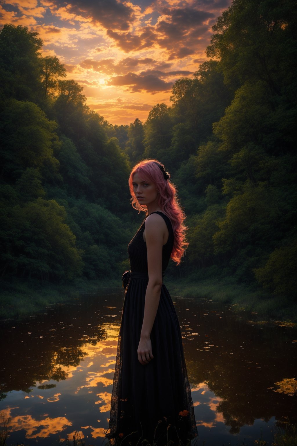 Best work, (Best quality, ,HDR, 8k, 32k, raw photo, photorealistic, UHD:1.2), beautiful 20 year old girl in long black dress at the lakeside in a forest, eyes, pink hair, detailed face, perfect face, pond, dark sky, lights in the background, realism, red sky, detailed sky, realistic clouds, sun, bright environment, late afternoon, sun rays in the clouds