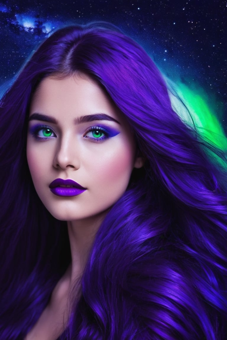 sky, cloud, Indian female Model, 19 year old , blue eyes, green lipstick, face makeup, long purple hair, wavy hair, night, star \(sky\), night sky, scenery, starry sky, space, purple theme