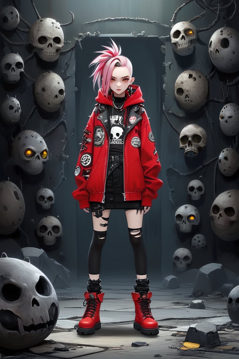 A punk rock version of Little Red Riding Hood, 14, dressed in a rebellious fusion of edgy fashions
(standing:1.2), red hooded cape with torn fishnet accents, adorned with punk-inspired patches and pins. Septum earrings, more calls, ratty dreads, more patches, crust-core, anti-union designs, dirty torn studded spike leather jackets, hardcore punk style jackets, lot punk badges, military boots laced up her legs,,Rebellin, Dal,Pink Emo,ct-niji2,BugCraft,dal
