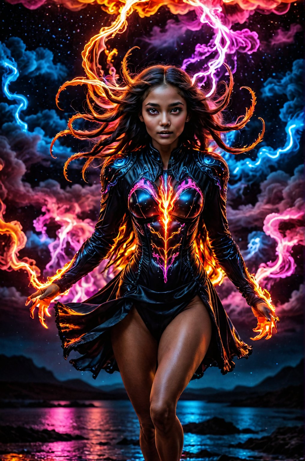 beautiful Indian girl, 23 year old, A visually striking dark fantasy portrait of a majestic girl galloping through a stormy, fiery landscape. The girls's glossy black coat is a stark contrast to its vivid, flame-like mane and tail, which seems to be made of real fire. Its glowing, fiery hooves leave a trail of embers behind, while its intense, glistening eyes reflect a fierce, unbridled energy. The background features a haunting, stormy red sky filled with ominous lightning, adding to the overall sense of mystique and intrigue. This captivating image blends the mediums of photo, painting, and portrait photography to create a unique, conceptual art piece.

