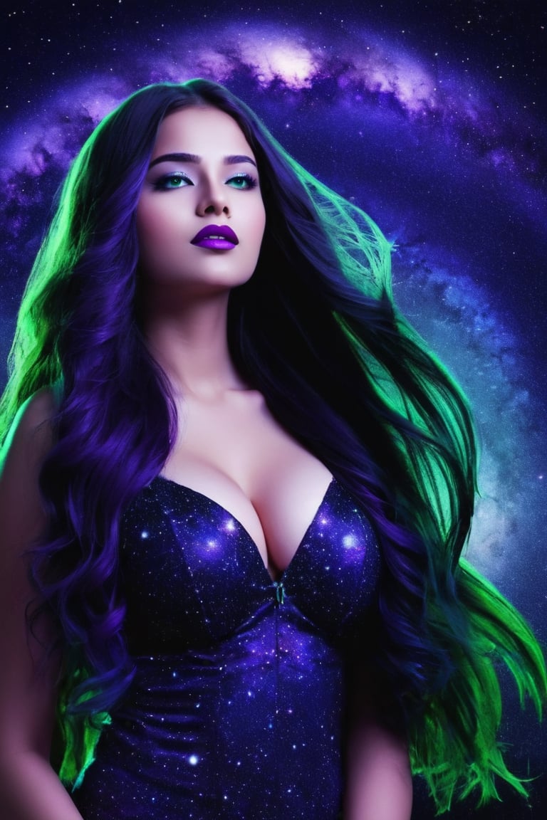 sky, cloud, Indian female Model, 19 year old , half body portrait, blue eyes, green lipstick, face makeup, long purple hair, wavy hair, large breasts, cleavage, night, star \(sky\), night sky, scenery, starry sky, space, purple theme