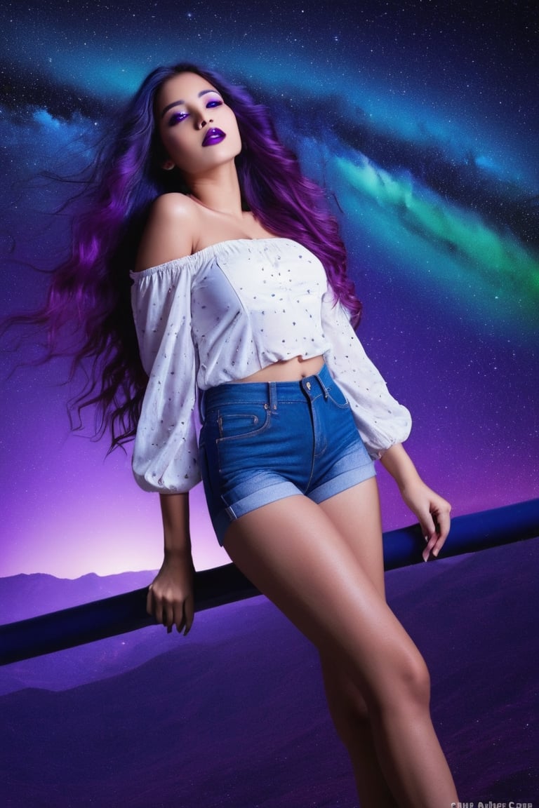 sky, cloud, Indian female Model, 19 year old , blue eyes, green lipstick, face makeup, long purple hair, wavy hair, hall body, wearing sexy  white tube blouse and denim short , night, star \(sky\), night sky, scenery, starry sky, space, purple theme