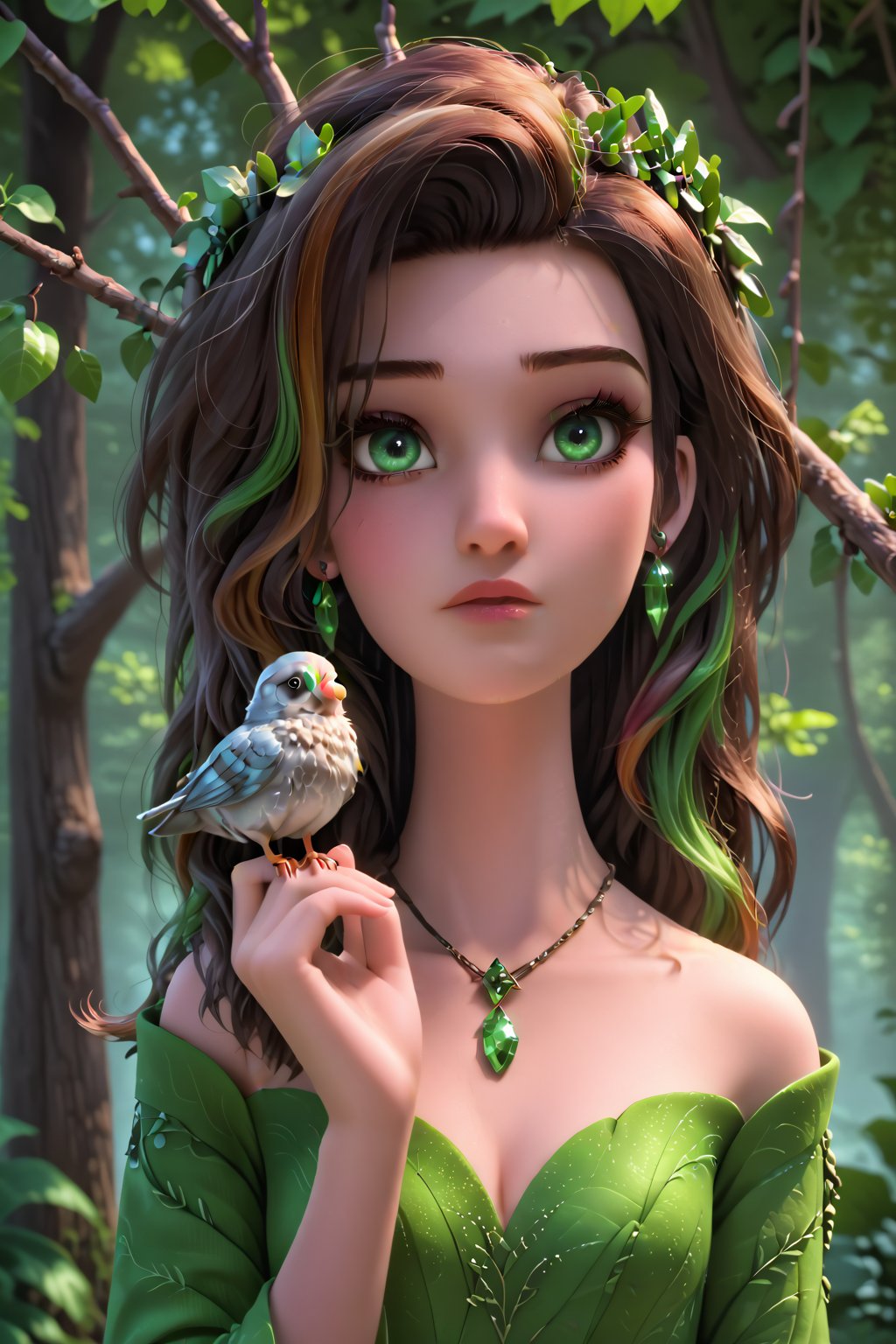  A beautiful indian woman, near a tree, holds a beautiful fluffy bird in her hands. The woman has a beautiful face, pale radiant skin, large emerald eyes, thick long eyelashes, makeup with an emphasis on the eyes. An outfit made of the texture of tree bark, brown hair intertwined with tree branches, earrings made of acorns, a green wreath of twigs and leaves. Photorealism, large 3d strokes, deep shadows, fantasy, delicate juicy colors, highlights, radiance, shine.