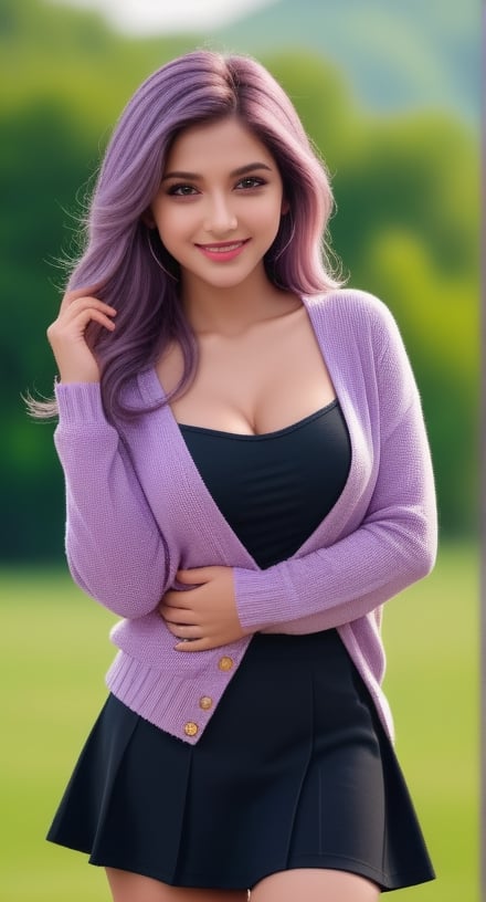 Outdoor park, rainy day, 20 years old Indian girl, 1 girl, beautiful indian girl, happy smile, big breasts, ( Sexy Sweater half covers breasts:1.4), ((unbutton, undress, cardigan short sweater, mini skirt)), solo, {beautiful and detailed eyes}, dark eyes, purple lips, happy sexy face, delicate facial features, ((model pose)), attractive body shape, cleavage, (light purple hair: 1.4), very long hair, curly hair, hair_past_waist, bangs, simple small necklace, simple small earrings, fine lines, real hands, masterpiece, most Best quality, 16k, realistic, ultra-detailed, fine, high resolution, perfect dynamic composition, beautiful and detailed eyes, smile at the corner of the eye, ((Sexy and embarrassing)), sharp focus, full-length portrait, cowboy shooting,
,Indian,,<lora:659095807385103906:1.0>