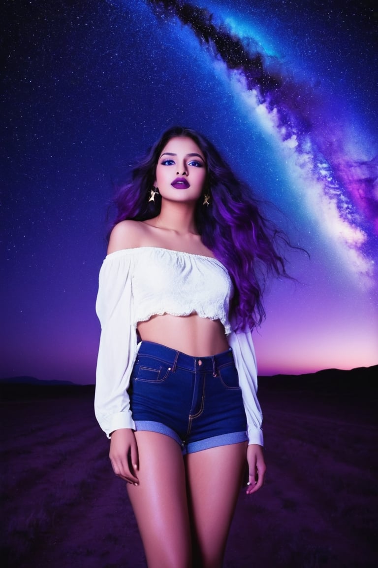 sky, cloud, Indian female Model, 19 year old , blue eyes, green lipstick, face makeup, long purple hair, wavy hair, hall body, wearing sexy  white tube blouse and denim short , night, star \(sky\), night sky, scenery, starry sky, space, purple theme