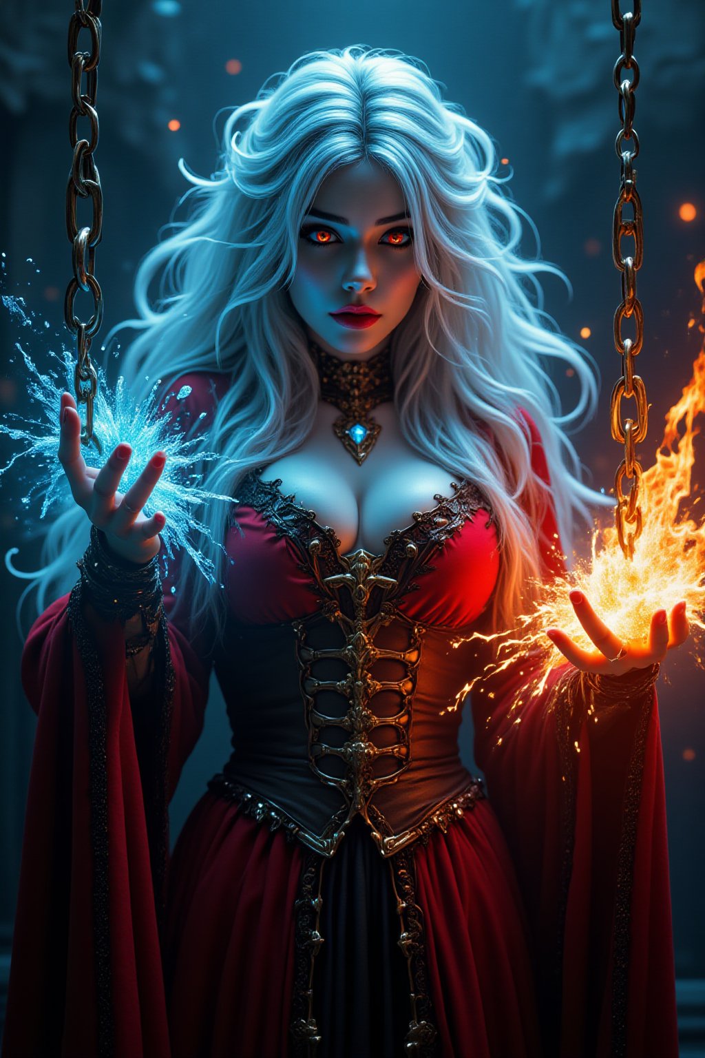 Midjourney style, Photorealism, Cinematic style, high fidelity, realism, chiaroscuro, play of shadow and light, rays of light.
photo of a vampire queen,left hand grasp a chain with ice effect,right hand grasp a chain with fire effect,she wearing a victoria period with red and light blue color,long white hair,red eyes,the chain **** from steel and it floating in the air,big chain,focus on chain,

