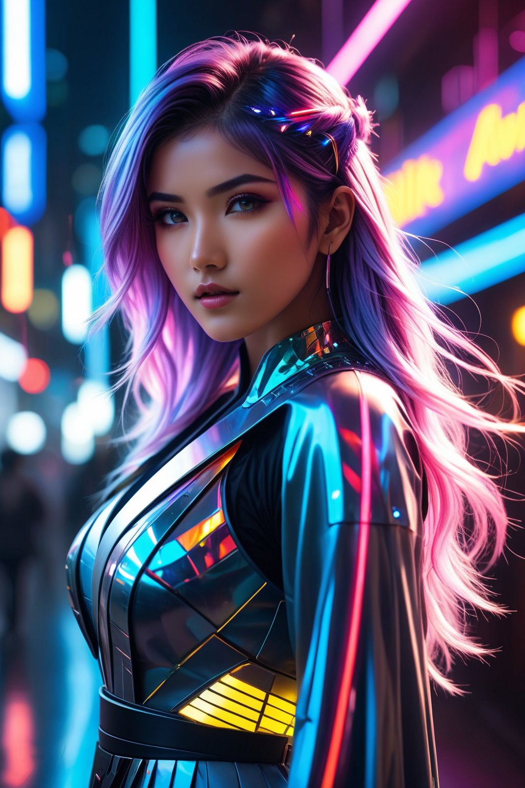 high quality, 8K Ultra HD, full body, have a cyber saber, a mesmerizing 20-year-old woman with a futuristic beauty that seems to transcend time and space, intricately woven into her very being, wearing sexy Indian dress, move with fluidity and precision, Her flowing hair resembles streams of neon lights, casting a vibrant glow that adds a touch of cyberpunk brilliance to her appearance, Each strand of hair is meticulously crafted with holographic patterns that shimmer and shift, creating an ever-changing display of colors, by yukisakura, highly detailed,

